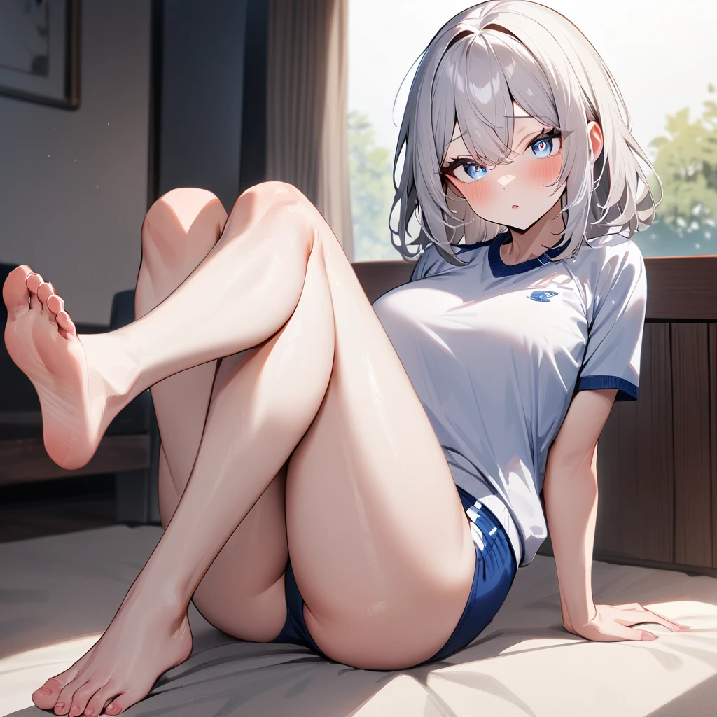 1girl,legs,breasts,masterpiece,best quality,very aesthetic, absurdres,pale hair,pale  eyes,light  blue eyes,Detailed eyes,(Toes:1.3),(buruma:1.3)