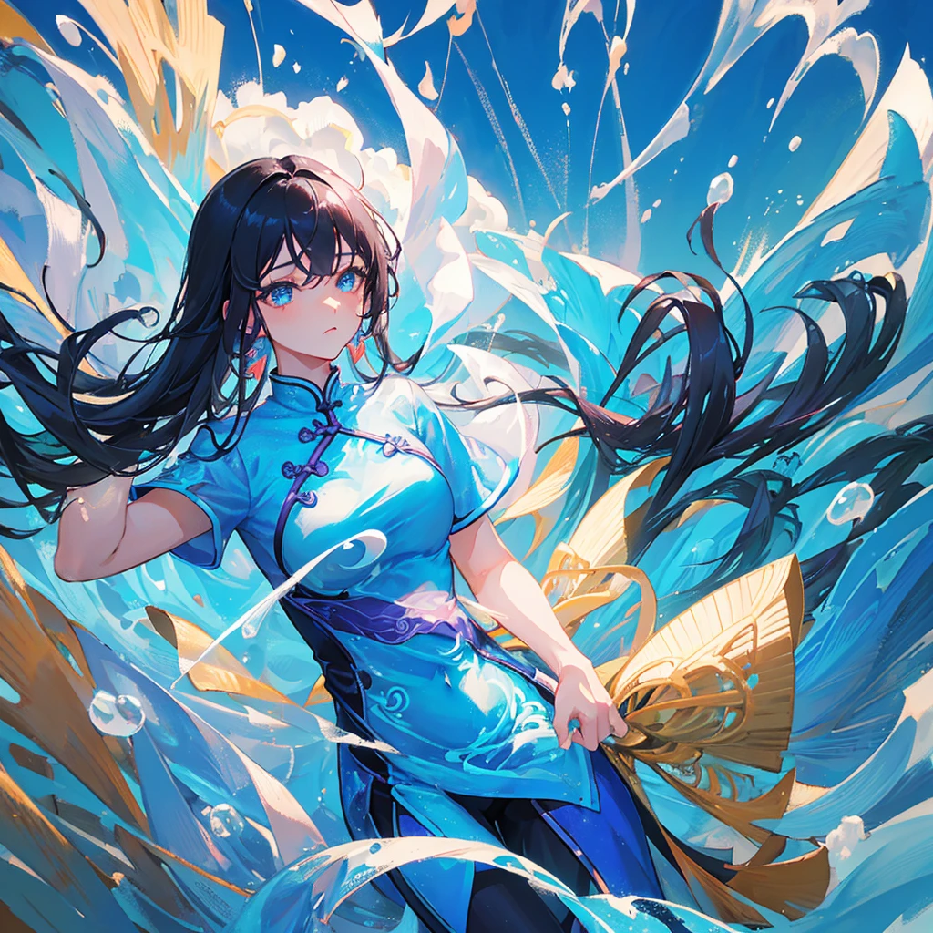 A woman wearing a blue cheongsam,Beautiful figure,Water Element,Black hair,((Pure blue background))