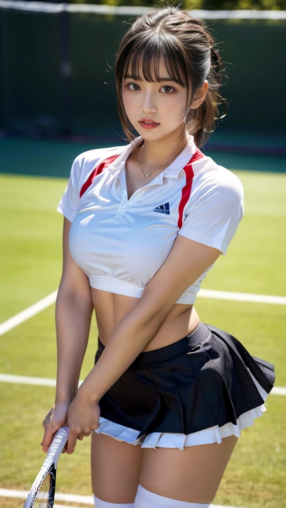 masterpiece, best quality, illustration, Super detailed, fine details, High resolution, 8K,wall paper, perfect dynamic composition, front view, standing, leaning forward, 18 year old girl, tennis player, Gravure Idol, cute type, (Details High quality, realistic depiction of eyes:1.3), (Colossal tits:1.2), expresses the roundness and softness of your chest., low ponytail, black hair color, Dark makeup, Big Natural Color Lip, thick thighs, perfect body shape, plump figure, large hips, beautiful clavicle, white tennis uniform, short sleeve, shirt, skirt, socks, tennis shoes, depth of fields, natural lighting