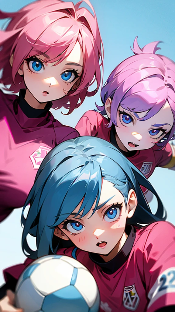 2 girls playing soccer, beautiful eyes, blue eyes, perfect faces, 22 years old both, with pink uniform, blue hair 