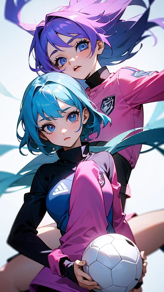 2 girls playing soccer, beautiful eyes, blue eyes, perfect faces, 22 years old both, with pink uniform, blue hair