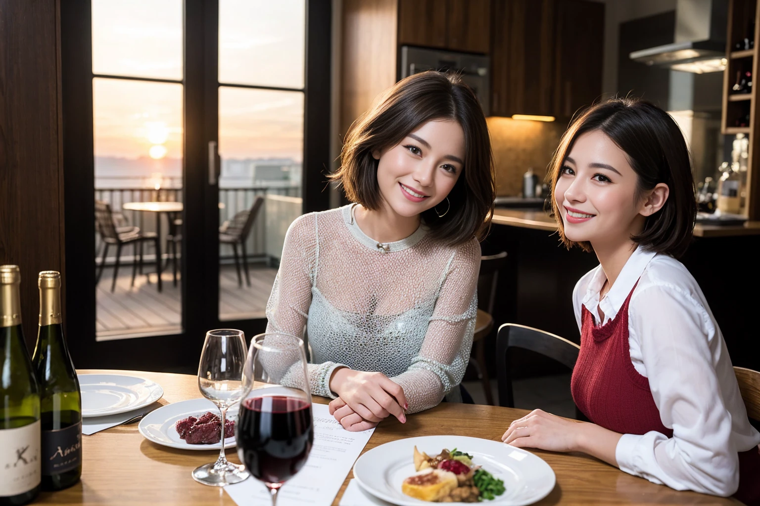 ((Highest quality、8K、masterpiece:1.3))、 (Ultra-realistic、 Genuine、Bright image、Intricate details:1.2), 最高のsmile、1 male 1 female、Beautiful couple、love love love、Lover in Hokkaido、Good friends、actress couple、smile、Full-course dinner at a packed table、 (Slim face), (the body is slim), (Brown Hair), (short hair), テーブルのwine glass、Please shine a light on my face、 Amazing view of the sunset sky and clouds、 39 years old, red wine 、Wine bottle、sparkling wine、Long sleeve shirt、dress、White wine, red wine, wine glass,