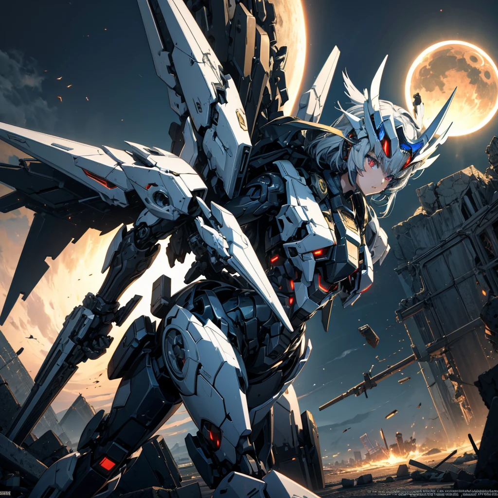 female mecha wings of angel, in black armor and helmet, in a destroyed city, the night, with an eclipse in the background