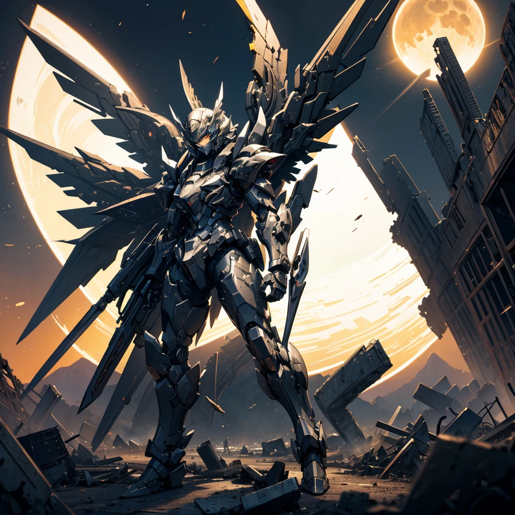 female mecha wings of angel, in black armor and helmet, in a destroyed city, the night, with an eclipse in the background