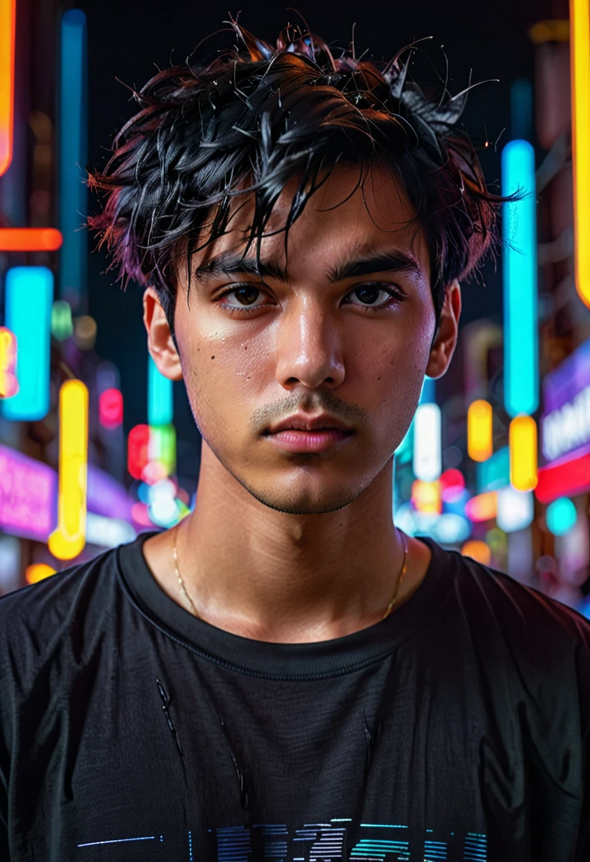 a young man with short messy black hair, serious expression, wearing oversized black t-shirt, close-up portrait, detailed face, futuristic city background, neon lights, cinematic lighting, 8k, hyper realistic, photorealistic, intricate details, dramatic shadows, vibrant colors, moody atmosphere