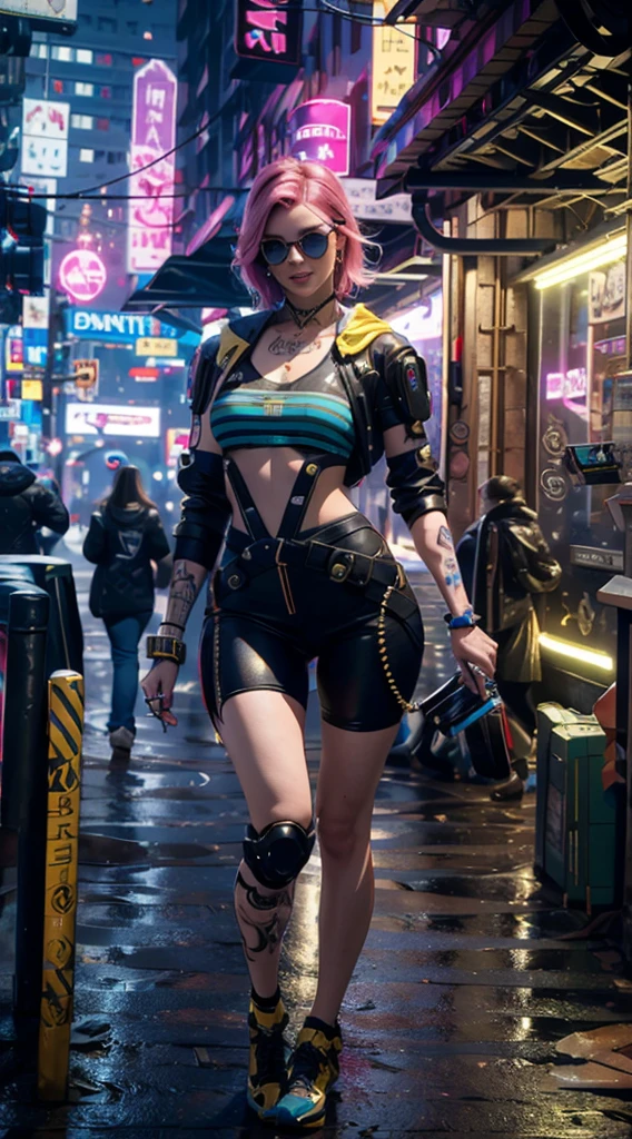 work of art, maximum quality, ultra high resolution, 8K, A girl,Beauthfull,25 years old,skin fair, extremely pretty,strong look, standing alone,bust portrait,cyberpunk outfit, extreme detailed face, detailedeyes, mischievous grin, happy, photo realist, totally realistic, human skin, studio lighting,golden ratio body, Broad Hips,perfect legs, big-ass,pink hair,rhombus stripe,blue and white clothes,D cup breasts,in the cyberpunk city,cyberpunk city background,((natta)),Raby,tattoo's,Combat posture,cyborg,mechanical mask