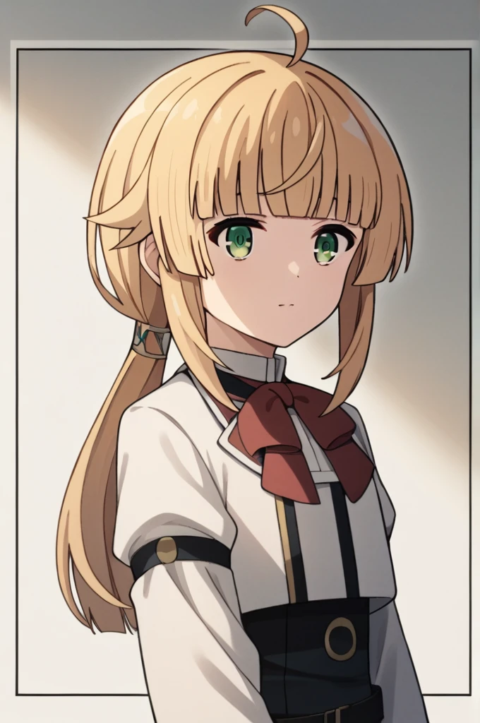 score_9, score_8_superior, score_7_superior, sauce_anime,
One girl, View your viewers, Portraiture,
Norn_Greyrat, bangs, Blonde, Long Hair, Yellow-green eyes, Ahoge, Side Lock, blunt bangs, Hair flap, Low Ponytail,
Long sleeve, Red bow tie, White shirt, , belt, ,
break masterpiece ,8k unity wallpaper,anime key visual,highest quality, High resolution, (shape:0.8),anime coloring,
highly detailed face, detailed eyes,growing eyes,shiny skin,fine skin,white skin,dense skin,detailed hair,highly detailed legs,
perfect lighting, Detailed CG,
(perfect hands, perfect anatomy),High resolution,
Break slender limbs, delicate curves, dainty hands,figure:0.8,