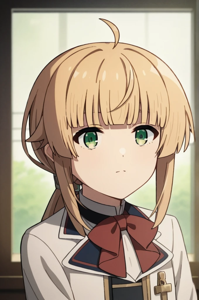 score_9, score_8_superior, score_7_superior, sauce_anime,
One girl, View your viewers, Portraiture,
Norn_Greyrat, bangs, Blonde, Long Hair, Yellow-green eyes, Ahoge, Side Lock, blunt bangs, Hair flap, Low Ponytail,
Long sleeve, Red bow tie, White shirt, , belt, ,
break masterpiece ,8k unity wallpaper,anime key visual,highest quality, High resolution,  (shape:0.8),anime coloring,
highly detailed face, detailed eyes,growing eyes,shiny skin,fine skin,white skin,dense skin,detailed hair,highly detailed legs,
perfect lighting, Detailed CG, 
(perfect hands, perfect anatomy),High resolution,
Break slender limbs, delicate curves, dainty hands,figure:0.8,