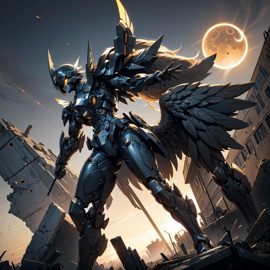 female mecha wings of angel, in black armor and helmet, in a destroyed city, the night, with an eclipse in the background