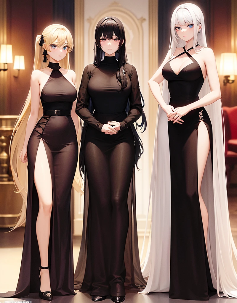 Two adult girls, a woman has two pigtails falling over her shoulders, decorated with black ribbons, SHE HAS BLONDE HAIR, blue eyes and a very elegant and very long black dress for a gala dinner with a cut that allows her to show her leg, wears beautiful evening makeup, along with another adult and taller girl, Has loose black hair with straight bangs, black eyes and dressed in a stunning red ball gown, dancing together in the middle of a gala dinner, the intense red of the black-haired girl, stand out from the crowd