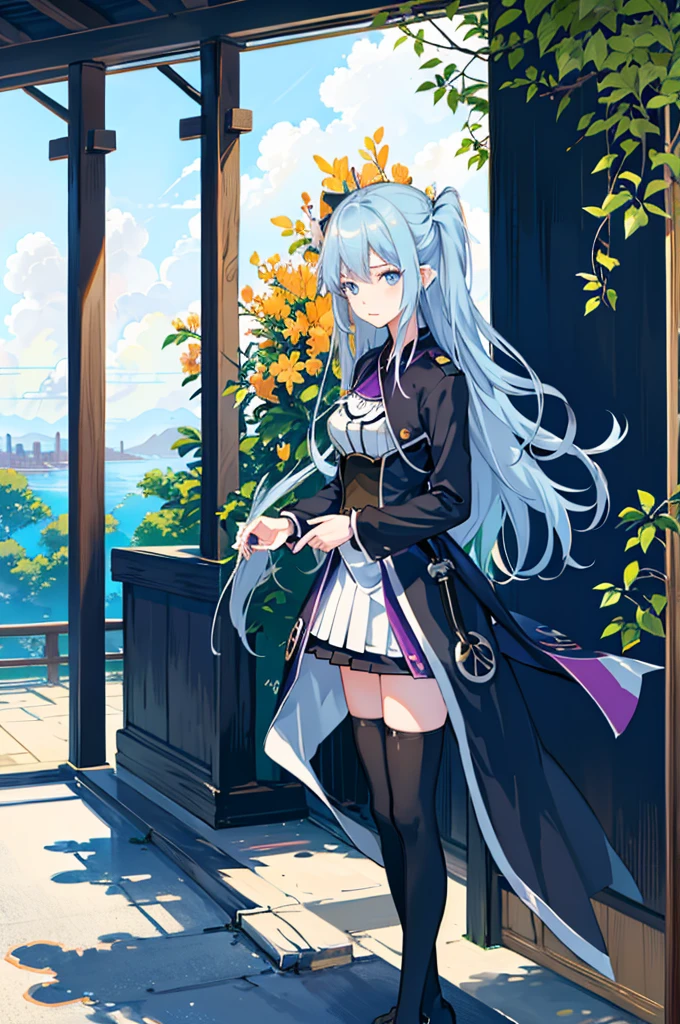 1girl, solo, outdoors, long hair, holy place, Original,(Illustration:1.1),(Best Quality),(masutepiece:1.1),(the Extremely Detailed CG Unity 8K Wallpapers:1.1), (Colorful:0.9),(mid-shot:0.95),(extremely detailed beautiful face),(Solo:1.2), (girl),(((Lori))), (Detailed beautiful eyes:1.15), (Beautiful face:1.15), (Glowing blue eyes:1.25////),(((sky blue Long Hair))),(two side up),(+perfect hand+:1.21),(Draw illustration of Japan priestess costume),(slender),(White pleated skirt),(Gothic),((black thighhighs)),(frilld),(Beautiful Slender Lolita Girl),hallowween,standing, girl,, girl,foggy place,vampire,sky blue hair,((full body,whole body)),((black thighhighs)),((black thighhighs)),