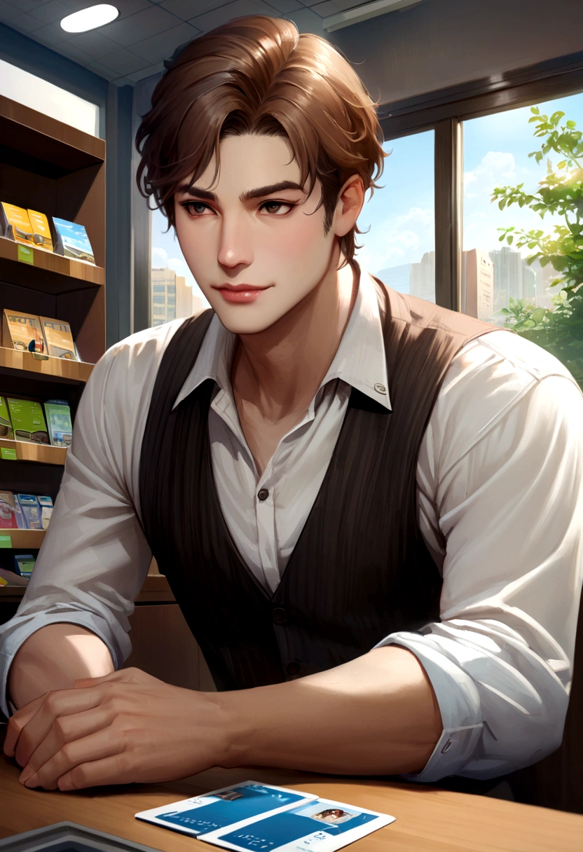 A man working at a bank, with brown hair, fair skin, friendly, realistic anime otome game