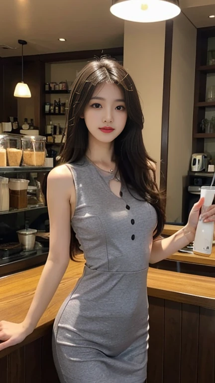1 Girl,Coffee Shop,Soft Light,Chinese Beauty,Tight Fit,Dress,Dark-haired,Length of hair
