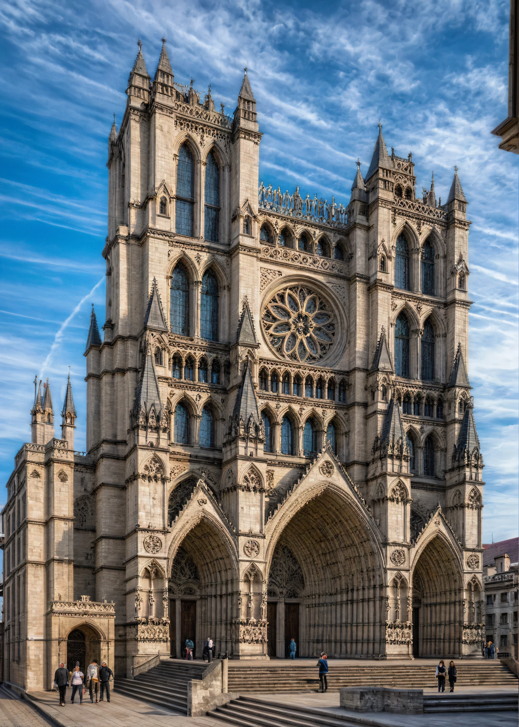Raw photo, (best quality, masterpiece:1.2), (colorful glass), vivid color, white stone wall, daylight,the complex Gothic cathedral facade. (The church:1.2) has large pointed arches, ornate rose windows, high spires and many small towers. The building is richly decorated with intricate carvings, gothic motifs and flying pillars. The image is represented in a surreal style with precise lines, documenting the grandeur and complexity of Gothic architecture. There are small groups of people and steps leading to the large entrance, adding a sense of scale and realism to the scene.