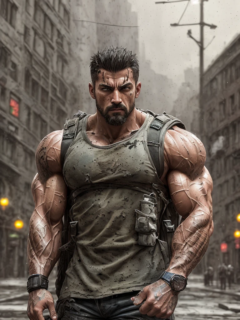 strong muscular man, street angry, backpack, epic realistic, photo, faded, complex stuff around, intricate background, soaking wet, neutral colors, ((((hdr)))), ((((muted colors)))), intricate scene, artstation, intricate details, vignette