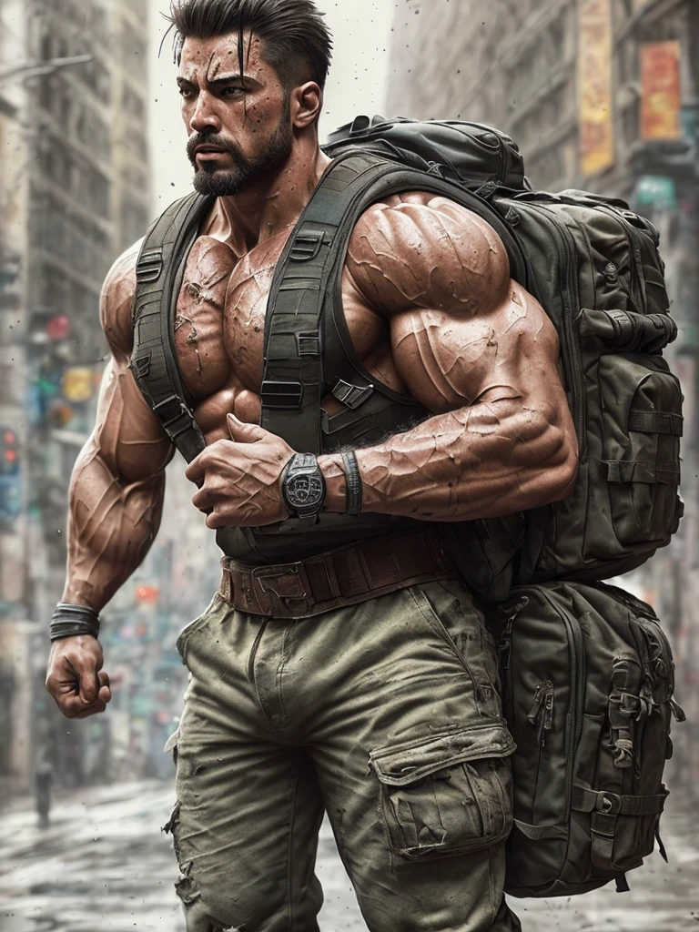 strong muscular man, street angry, backpack, epic realistic, photo, faded, complex stuff around, intricate background, soaking wet, neutral colors, ((((hdr)))), ((((muted colors)))), intricate scene, artstation, intricate details, vignette