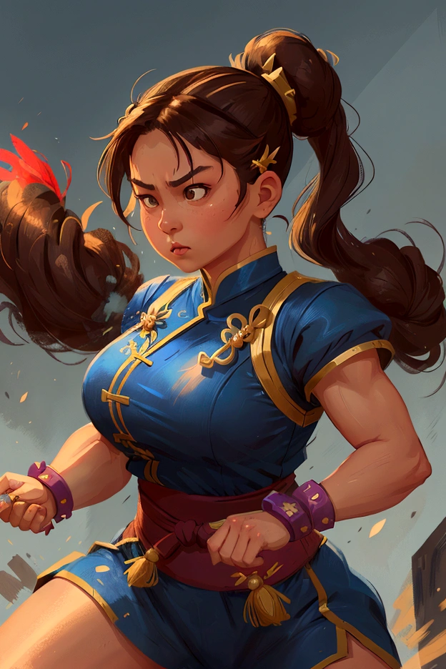 Create a dynamic 4K resolution close-up portrait of Chun-Li, the iconic character from the "Street Fighter" series, capturing her strength and determination:
Visualize Chun-Li with her distinctive features: her dark hair styled in her signature twin buns, secured with white ribbons. Her eyes, intense and focused, should reflect her unwavering determination and combat readiness.
Dress Chun-Li in her classic blue qipao with gold accents, designed for mobility and adorned with intricate patterns. Include her spiked bracelets, emphasizing her martial arts prowess and combat style.
Set the scene against a backdrop that evokes a sense of action and energy, such as a bustling urban environment or a traditional martial arts dojo. Incorporate dynamic elements like blurred motion effects or flying debris to highlight her movement and the intensity of her training.
The color palette should be vibrant and bold, with deep blues and golds of her outfit contrasting against the background. The setting should have elements of red and white, reflecting the colors often associated with her in the game.
Chun-Li's expression should convey a blend of focus, strength, and determination, capturing her fierce dedication to justice and her role as a martial artist. Her gaze should be intense and resolute, embodying her status as a powerful and inspiring character.
This portrait aims to celebrate Chun-Li as a symbol of strength, determination, and grace in the "Street Fighter" series, capturing her iconic features and the dynamic energy that defines her character.