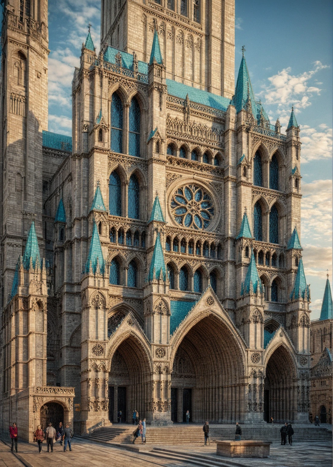 Raw photo, (best quality, masterpiece:1.2), (colorful glass), vivid color, white stone wall, daylight,the complex Gothic cathedral facade. (The church:1.2) has large pointed arches, ornate rose windows, high spires and many small towers. The building is richly decorated with intricate carvings, gothic motifs and flying pillars. The image is represented in a surreal style with precise lines, documenting the grandeur and complexity of Gothic architecture. There are small groups of people and steps leading to the large entrance, adding a sense of scale and realism to the scene.