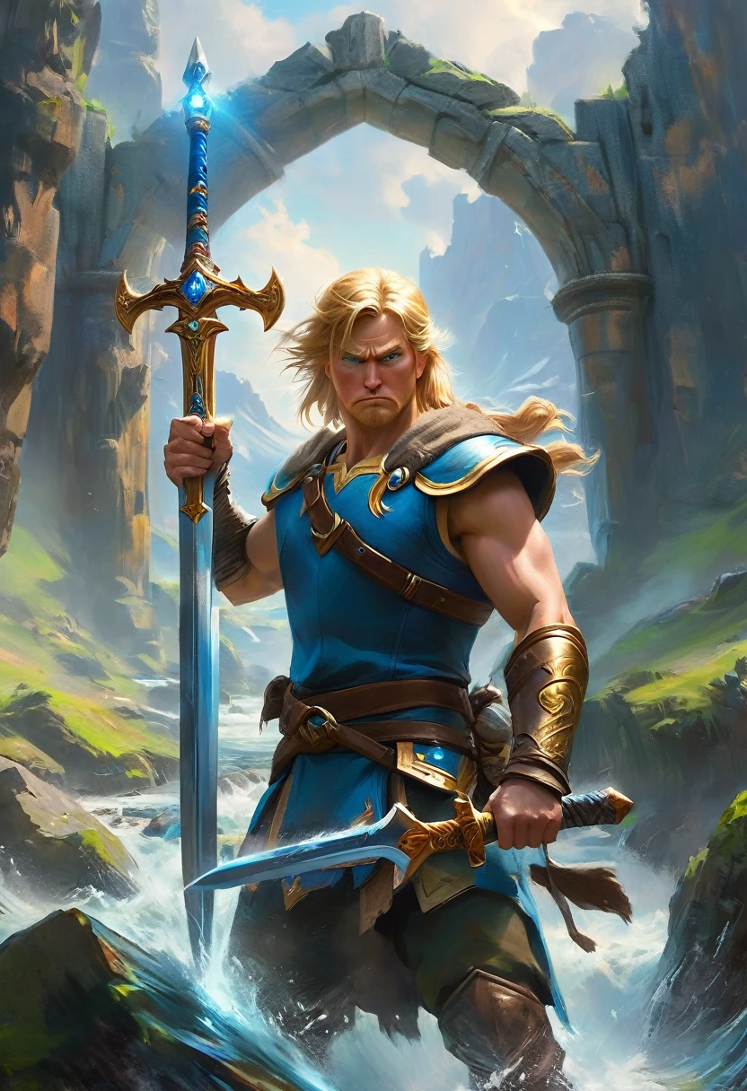 A  photo realistic painting inspired by arthurian legend of Donald Trump pulling the mythic sword from the stone. In the Style of Breath of the Wild.
