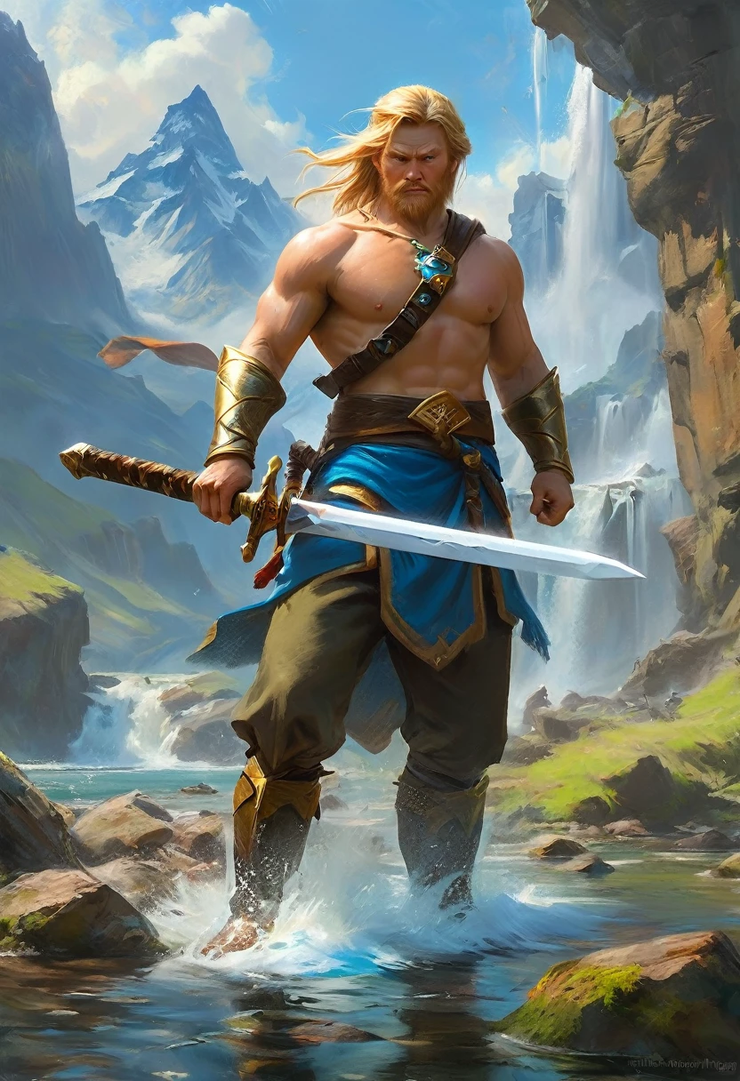 A  photo realistic painting inspired by arthurian legend of Donald Trump pulling the mythic sword from the stone. In the Style of Breath of the Wild.
