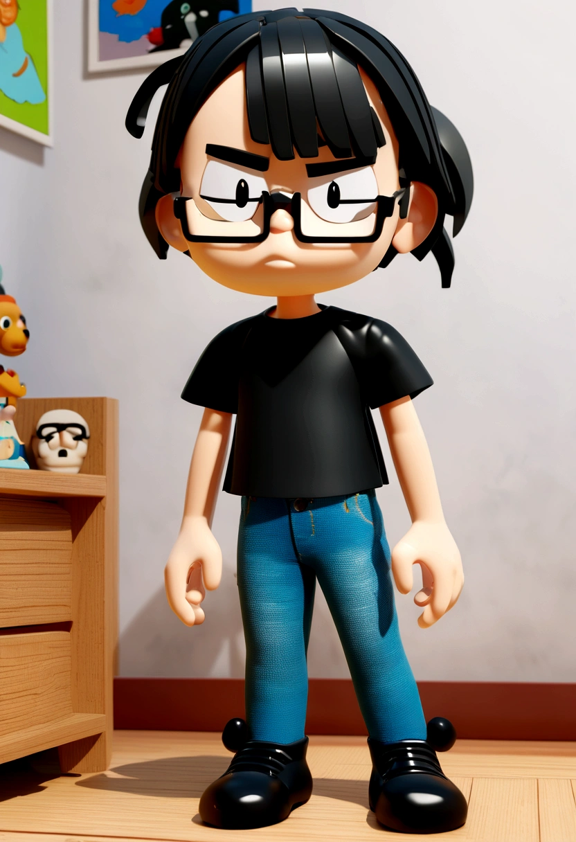 disney pixar style cartoon character, White girl, slim, with a serious and fixed look, straight black hair, eyes black, retracted lips, big square glasses, black t-shirt with a skull design and jeans, boot. in a teenager&#39;s room. Serious woman, photo by full body, drawing in 3D Art style, C4D, Disney  style, pixar style render illustration Super Detail, 8K