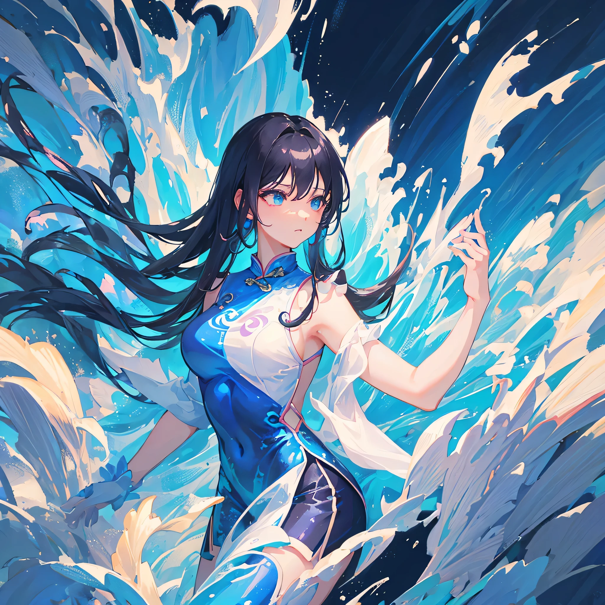 A woman wearing a blue cheongsam,Beautiful figure,Water Element,Black hair,((Pure blue background))