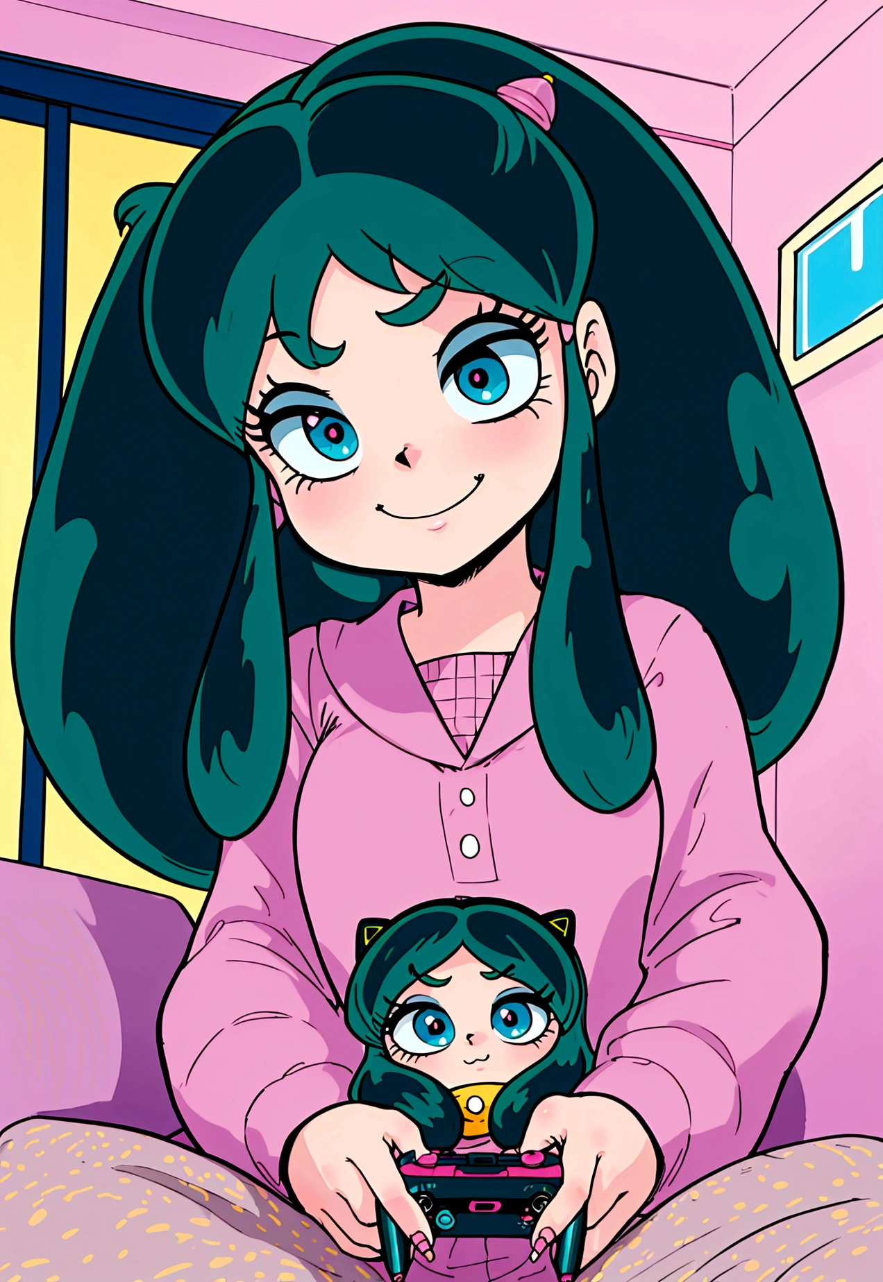 score_9, score_8_up, score_7_up, lum, retro artstyle, 1980s style, blue eyes, eyeshadow, green hair, long hair, horns, bangs, aqua hair, dynamic angle, big breasts, big ass, (little, small tiny body, chibi, small), (8 ), (1 toddler:1), (baby face),ace), (big forhead:1.2), (beautiful big eyes:1.3), extremely detailed cute anime face, (best quality, masterpiece, absurbres, super-resolution), soft pastel aesthetic, gaming console, chilling at home, playing video game, LCD screen, fun, laugh, smile, (eyelid pull), detailed faces, warm lighting, cozy interior, dynamic composition, vibrant colors, cinematic, depth of field, black cat sitting on her lap,