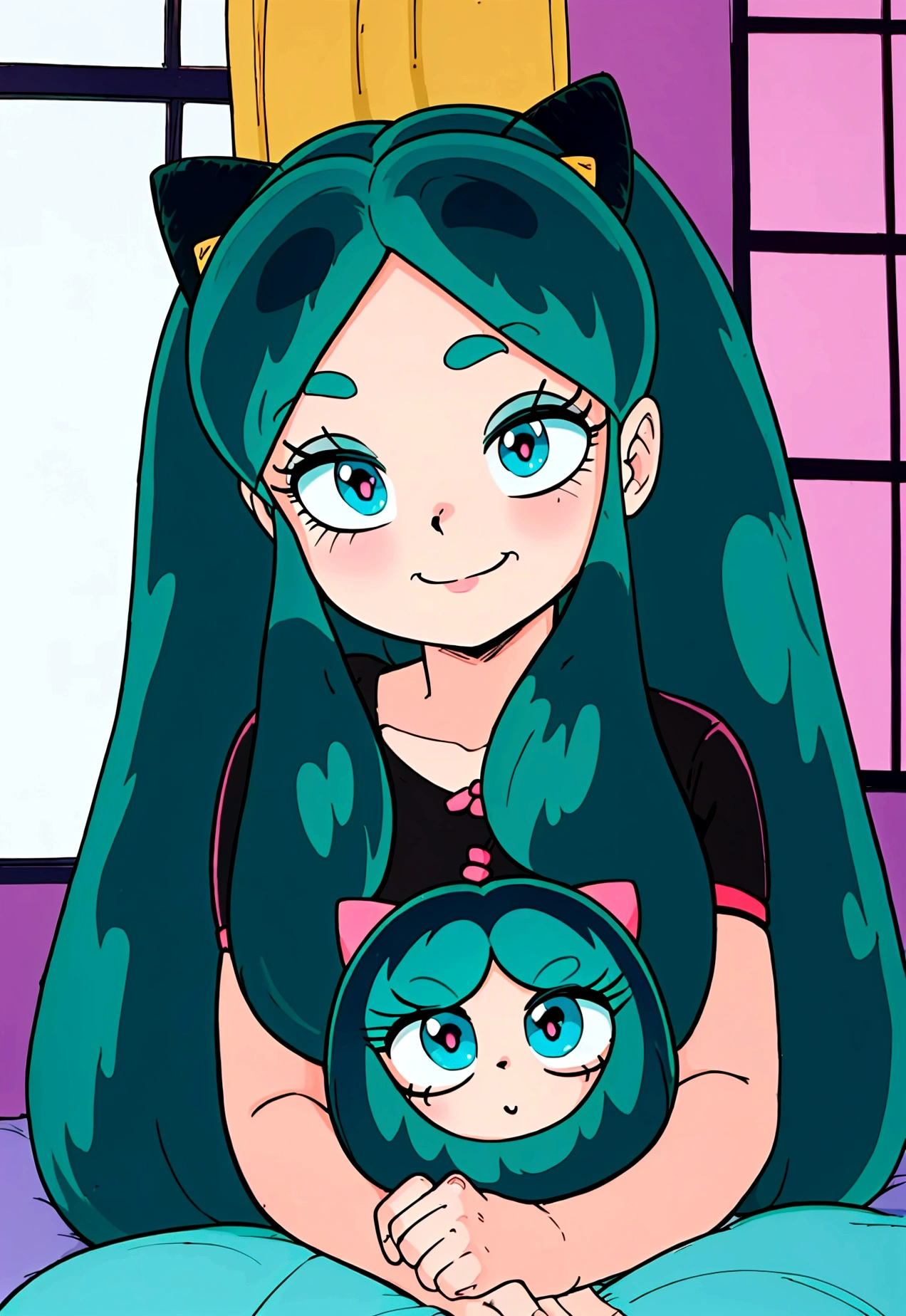 score_9, score_8_up, score_7_up, lum, retro artstyle, 1980s style, blue eyes, eyeshadow, green hair, long hair, horns, bangs, aqua hair, dynamic angle, big breasts, big ass, (little, small tiny body, chibi, small), (8 ), (1 toddler:1), (baby face),ace), (big forhead:1.2), (beautiful big eyes:1.3), extremely detailed cute anime face, (best quality, masterpiece, absurbres, super-resolution), soft pastel aesthetic, gaming console, chilling at home, playing video game, LCD screen, fun, laugh, smile, (eyelid pull), detailed faces, warm lighting, cozy interior, dynamic composition, vibrant colors, cinematic, depth of field, black cat sitting on her lap,