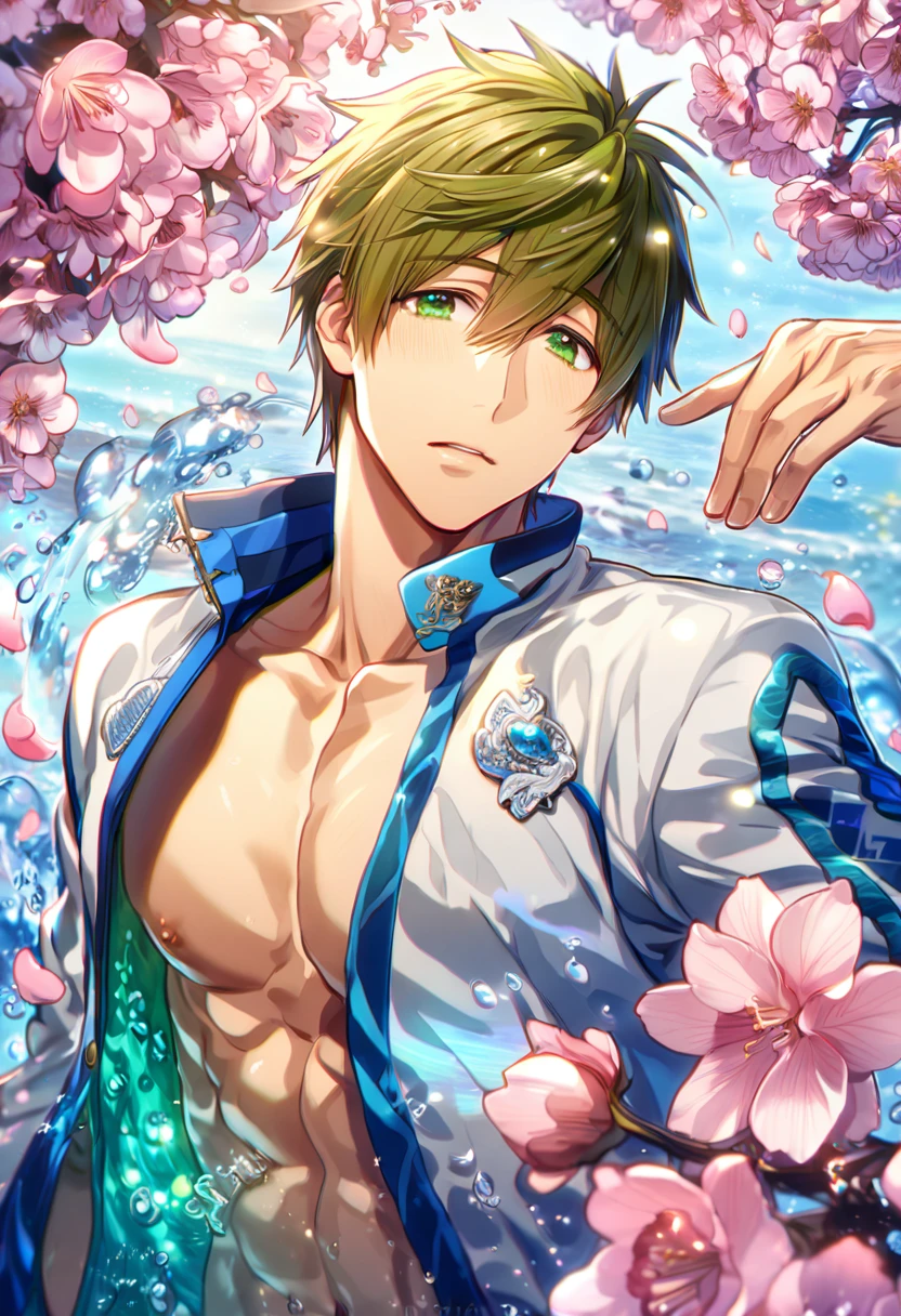 Ultra detailed, highres, absurdres, HDR, master piece, Tachibana Makoto, brown hair, expressive green eyes, Free!, fantasy, pink petals, water, pink flowers, handsome, sexy man, solo, best quality, blossoms, blue shining fireflies, blue clothes, magical, white jacket, toned chest