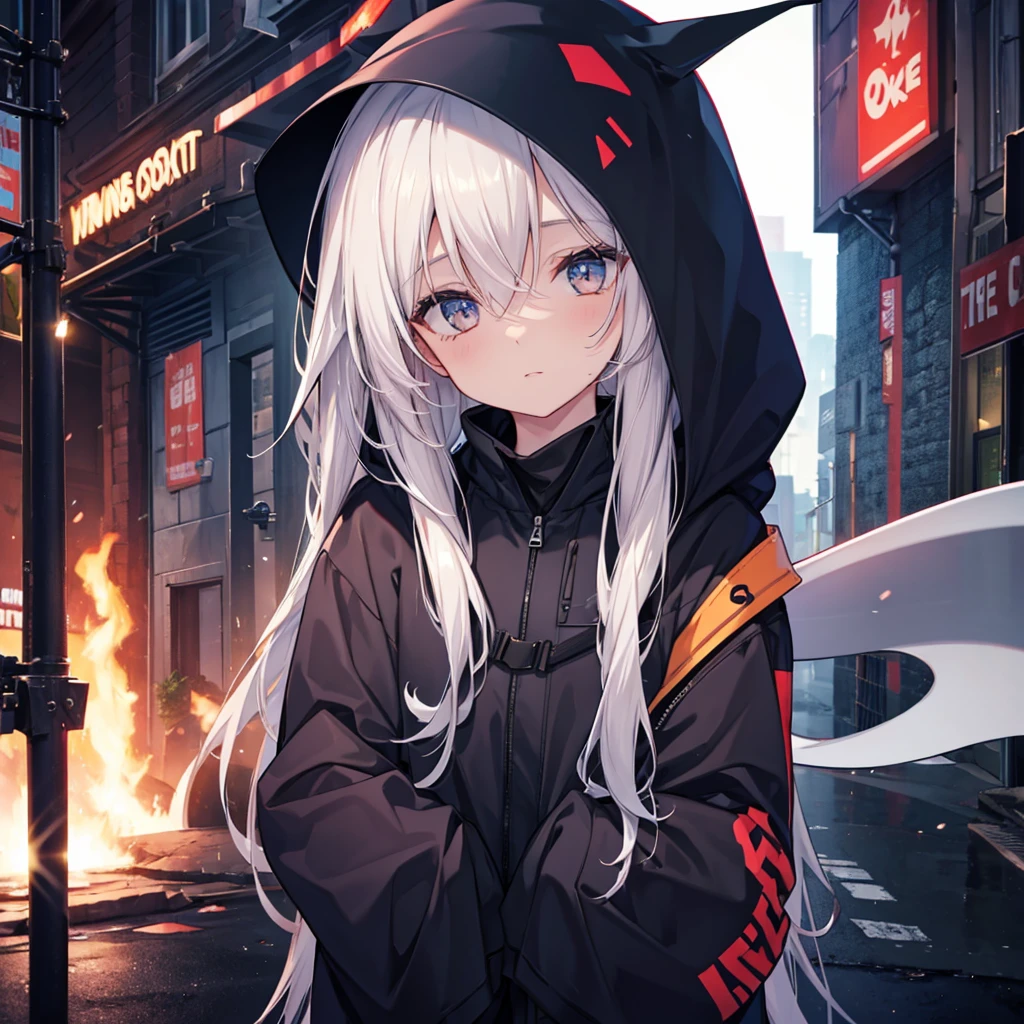 (((Grim Reaper's Scythe))) (((Gray Hair Short Hair blue eyes girl Close-up))),((night full moon My own big wings)),(Wearing a hood Black camisole Purple light), A tense look Shining Background Shining Edge
