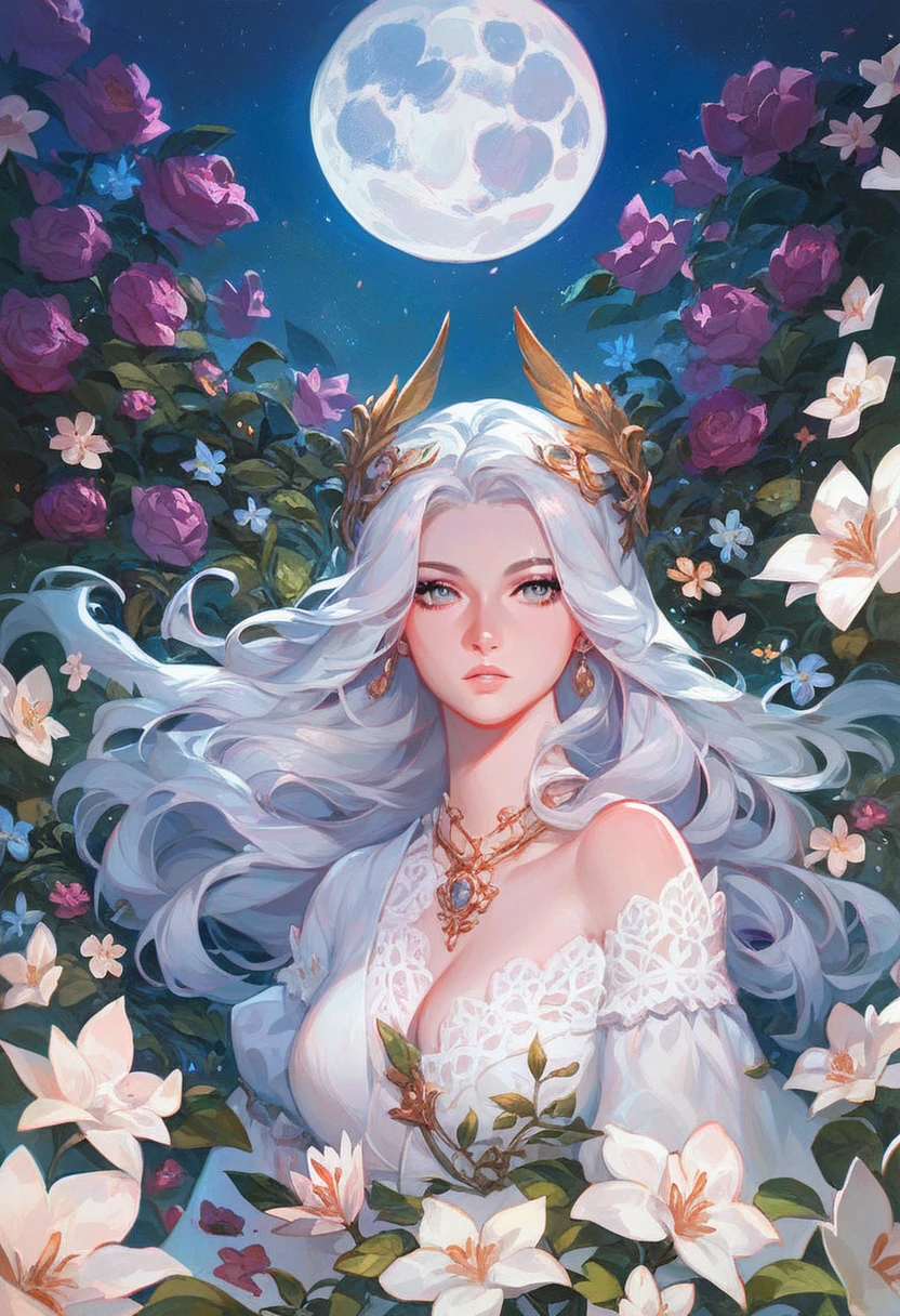 score_9,score_8_up,score_7_up,source_アニメ, Night full moon 1 female sister rain sister cold expressionless silver white long hair woman light pink lips calm intellectual three rings gray eyes assassin short knife, Flowers, Card Details, Finger details,