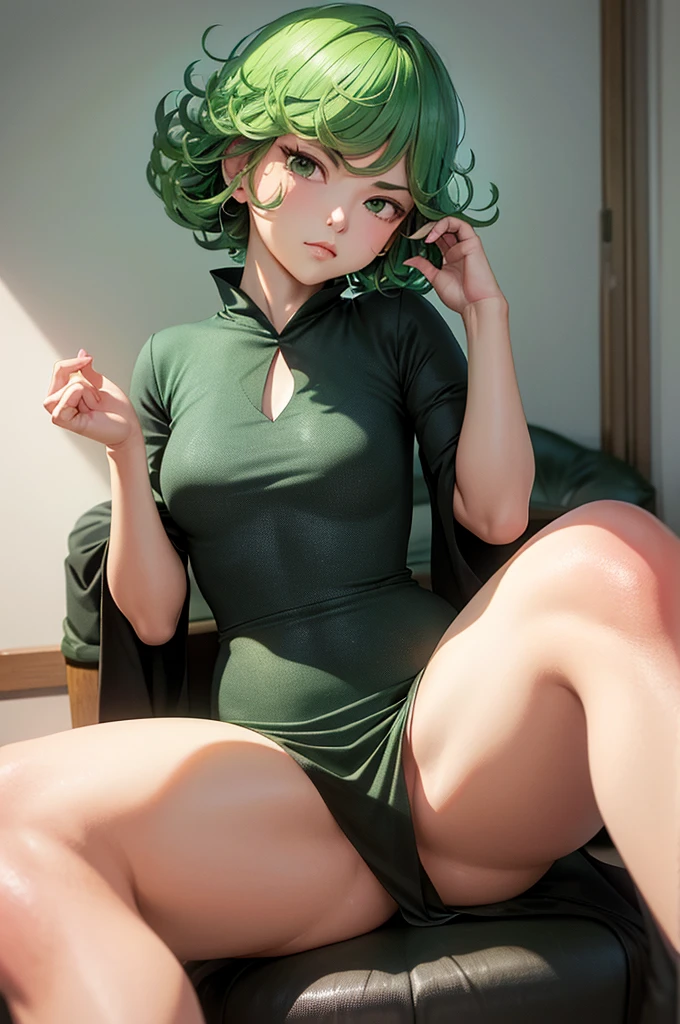 (Masterpiece, Best Quality:1.2), solo, 1girl, tatsumaki, unamused, closed mouth, looking a viewer, hand on our face, sitting, Short dress,big thighs,crossing leg