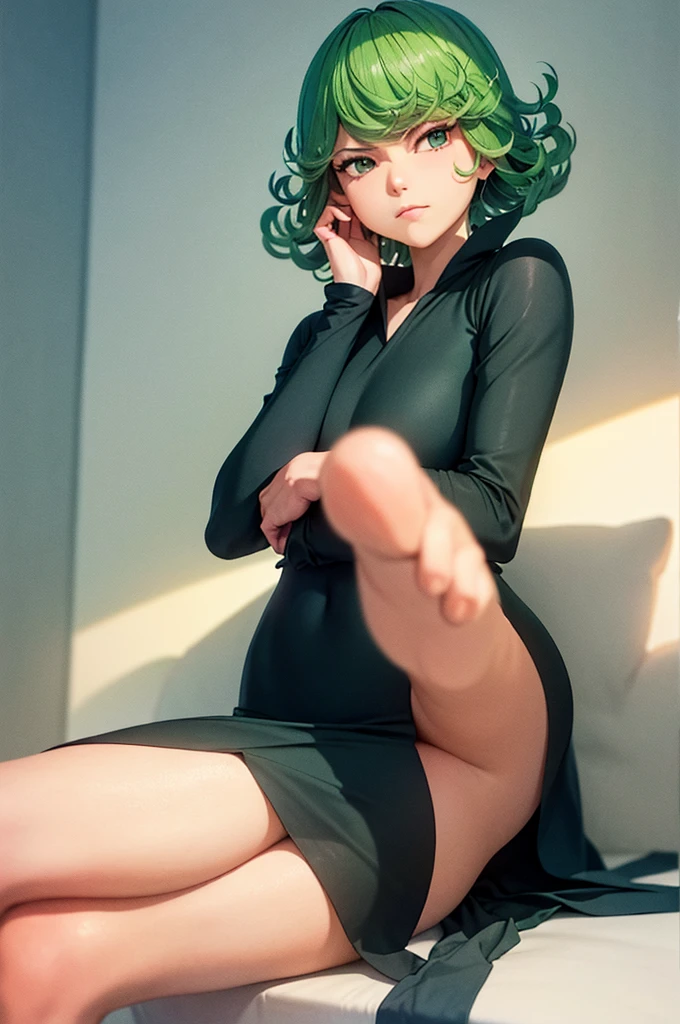 (Masterpiece, Best Quality:1.2), solo, 1girl, tatsumaki, unamused, closed mouth, looking a viewer, hand on our face, sitting, Short dress,big thighs,crossing leg