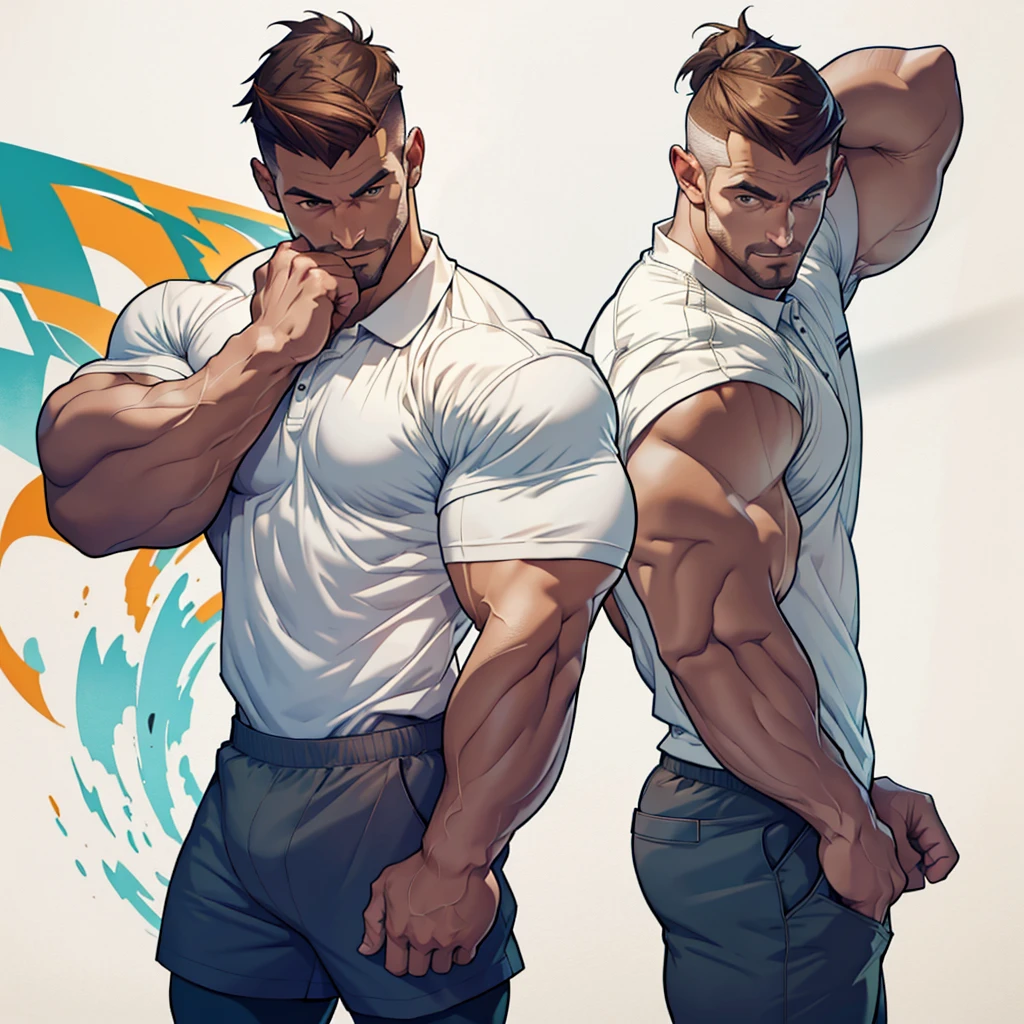 masterpiece,top-quality,((character sheets,Same character,gauges,Lateral face,soles)),environment change scene,Pose too,Hairstyle Fax,Pose ,(simple background、white backgrounid:1.3),illustratio,1 male human,Stephen AMELL,daddy hunk and handsome, handsome,thin man yet muscular Man,six pack stomack,normal Face ,Stubble,Lots of body hair,Brown hair,,Hair is thick,White polo shirt,Crisp orange boxer shorts, bulge,multi view,
