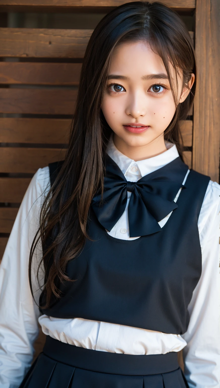 (cowboy shot),Ultra-high resolution,big eyes,(brown eyes),Japanese,(forehead),(a girl),(1 girl),(()),((cute)),pretty,((facing at viewer)),arms behind back,grin,(black school sailor uniform)