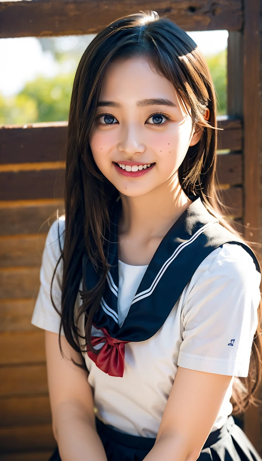 (cowboy shot),Ultra-high resolution,big eyes,(brown eyes),Japanese,(forehead),(a girl),(1 girl),((17 years old)),((cute)),pretty,((facing at viewer)),arms behind back,grin,(black school sailor uniform)