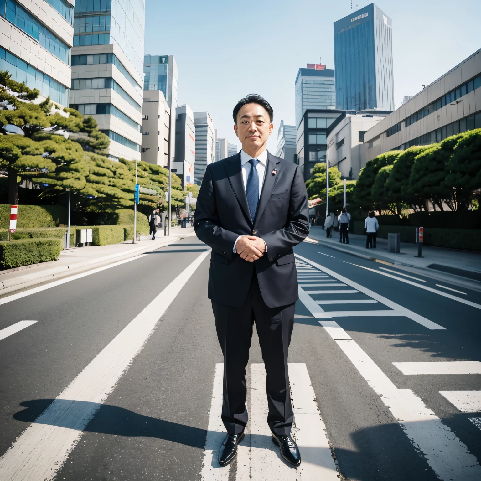 A confident and organized individual, embodying leadership and discipline. They have a strong presence and exude professionalism. The person is depicted in a formal yet approachable manner, wearing attire suitable for a political leadership role. The background features elements symbolizing Tokyo's governance and efficiency, such as modern cityscapes and administrative buildings. The scene conveys a sense of authority, responsibility, and dedication to effective governance, capturing the essence of an ESTJ personality in a political leadership position in Tokyo.