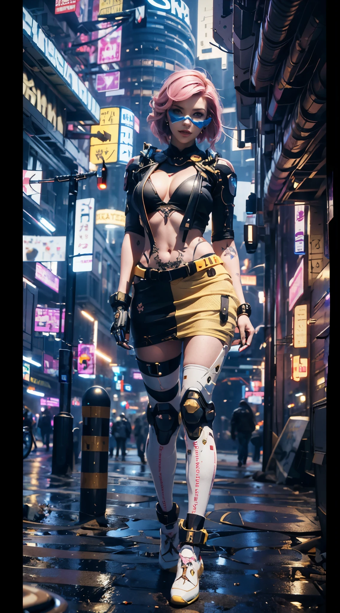 work of art, maximum quality, ultra high resolution, 8K, A girl,Beauthfull,25 years old,skin fair, extremely pretty,strong look, standing alone,bust portrait,cyberpunk outfit, extreme detailed face, detailedeyes, mischievous grin, happy, photo realist, totally realistic, human skin, studio lighting,golden ratio body, Broad Hips,perfect legs, big-ass,pink hair,rhombus stripe,blue and white clothes,D cup breasts,in the cyberpunk city,cyberpunk city background,((natta)),Raby,tattoo's,Combat posture,cyborg,mechanical mask