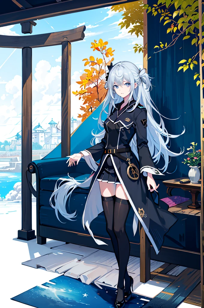 1girl,  solo, outdoors, long hair, holy place, Original,(Illustration:1.1),(Best Quality),(masutepiece:1.1),(the Extremely Detailed CG Unity 8K Wallpapers:1.1), (Colorful:0.9),(mid-shot:0.95),(extremely detailed beautiful face),(Solo:1.2), (girl),(((Lori))), (Detailed beautiful eyes:1.15), (Beautiful face:1.15), (Glowing blue eyes:1.25////),(((sky blue Long Hair))),(two side up),(+perfect hand+:1.21),(Draw illustration of Japan priestess costume),(slender),(White pleated skirt),(Gothic),((black thighhighs)),(frilld),(Beautiful Slender Lolita Girl),hallowween,standing, girl,10 years old,  girl,foggy place,vampire,sky blue hair,((full body,whole body)),((black thighhighs)),((black thighhighs)),