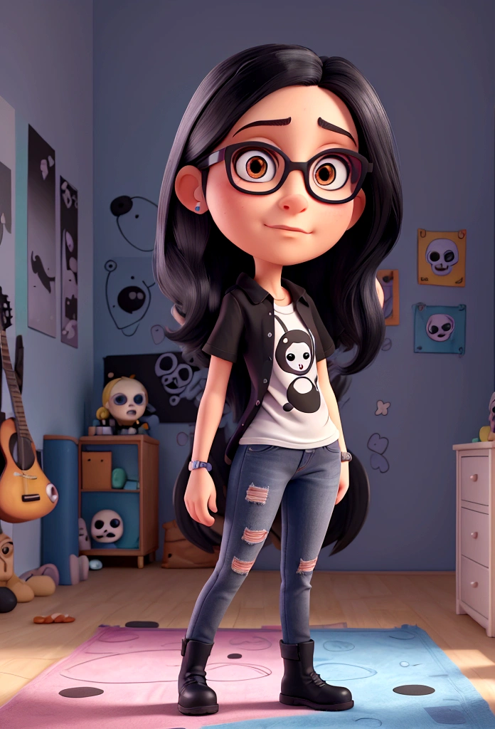 cartoon character, White girl, slim, with a serious and fixed look, long straight black hair, eyes black, retracted lips, big square glasses, black t-shirt with a skull design and ripped blue jeans, black boot. in a teenager's room , with a guitar hanging on the bedroom wall, picture on the wall of a skull drawing. Serious woman, photo by full body, drawing in 3D Art style, C4D, Disney style, pixar style render illustration Super Detail