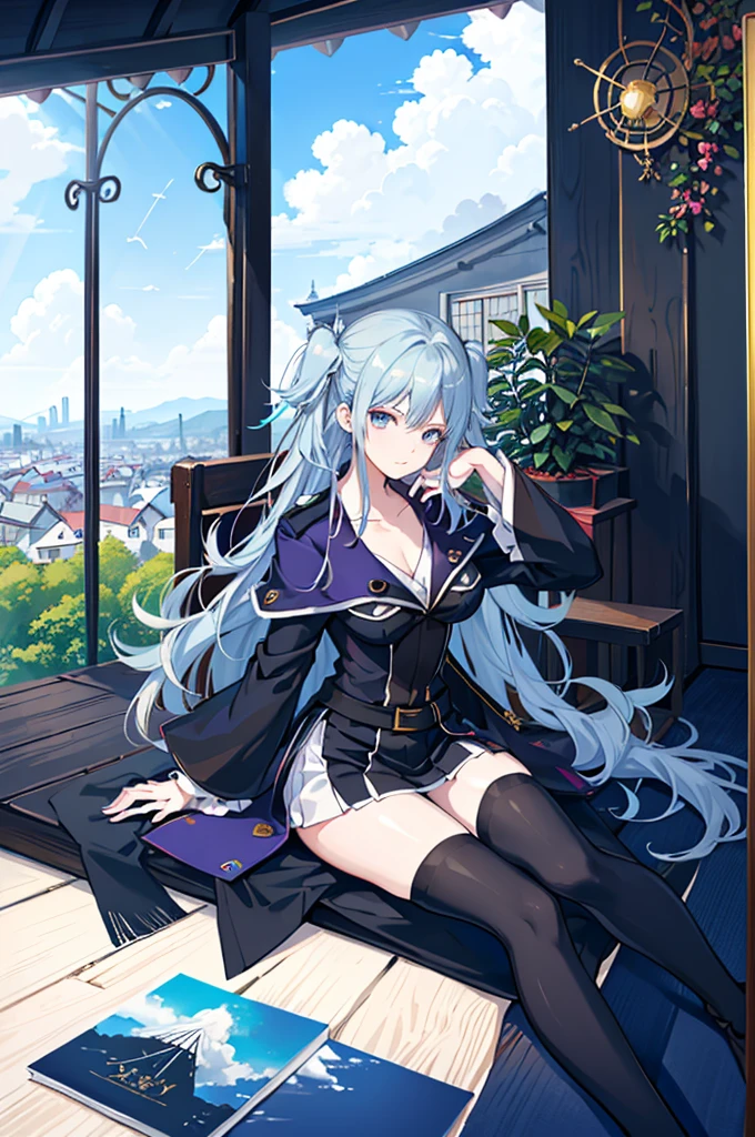 1girl,  solo, outdoors, long hair, holy place, Original,(Illustration:1.1),(Best Quality),(masutepiece:1.1),(the Extremely Detailed CG Unity 8K Wallpapers:1.1), (Colorful:0.9),(mid-shot:0.95),(extremely detailed beautiful face),(Solo:1.2), (girl),(((Lori))), (Detailed beautiful eyes:1.15), (Beautiful face:1.15), (Glowing blue eyes:1.25////),(((sky blue Long Hair))),(two side up),(+perfect hand+:1.21),(Draw illustration of Japan priestess costume),(slender),(White pleated skirt),(Gothic),((black thighhighs)),(frilld),(Beautiful Slender Lolita Girl),hallowween,standing, girl,,  girl,foggy place,vampire,sky blue hair,((full body,whole body)),((black thighhighs)),((black thighhighs)),