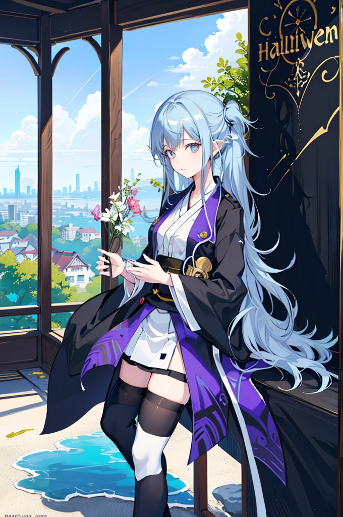 1girl, solo, outdoors, long hair, holy place, Original,(Illustration:1.1),(Best Quality),(masutepiece:1.1),(the Extremely Detailed CG Unity 8K Wallpapers:1.1), (Colorful:0.9),(mid-shot:0.95),(extremely detailed beautiful face),(Solo:1.2), (girl),(((Lori))), (Detailed beautiful eyes:1.15), (Beautiful face:1.15), (Glowing blue eyes:1.25////),(((sky blue Long Hair))),(two side up),(+perfect hand+:1.21),(Draw illustration of Japan priestess costume),(slender),(White pleated skirt),(Gothic),((black thighhighs)),(frilld),(Beautiful Slender Lolita Girl),hallowween,standing, girl,, girl,foggy place,vampire,sky blue hair,((full body,whole body)),((black thighhighs)),((black thighhighs)),