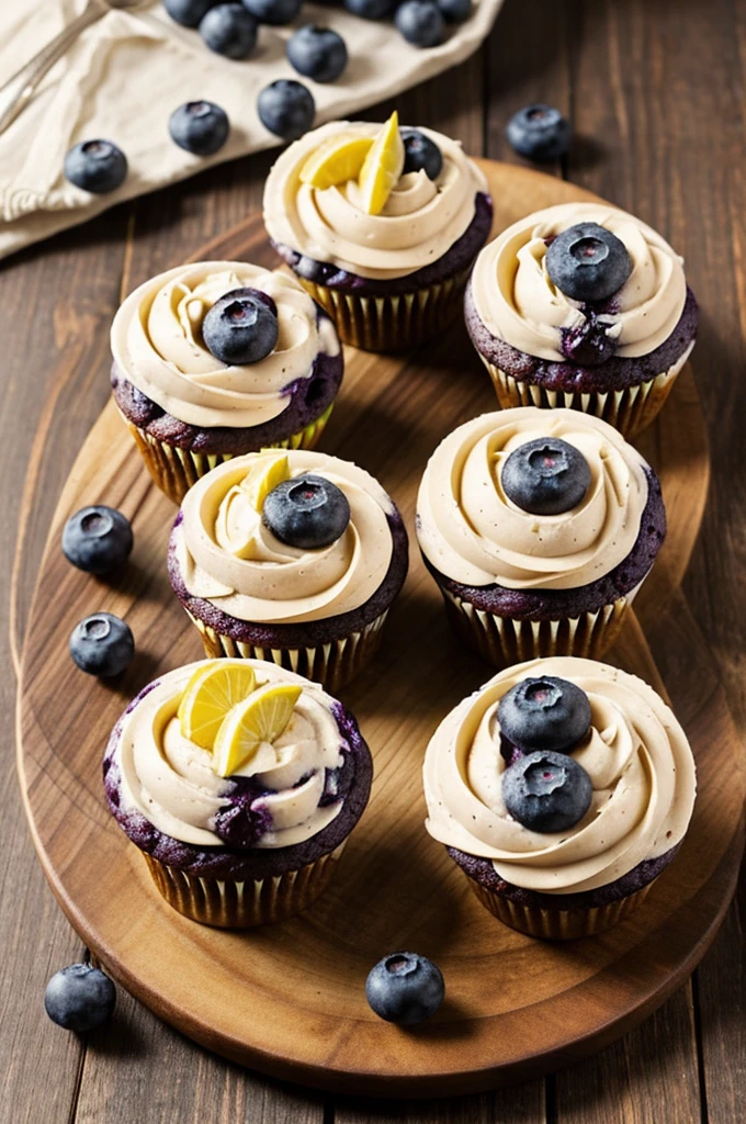 Could you make me vegan blueberry cupcakes?, Let it be as a promotion for the product as well as for an Instagram publication., where it is served on a wooden plate, with a tropical but at the same time organic color palette, make it look real.