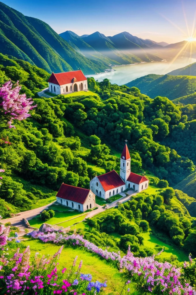 Medieval Catholic church on the mountain, View of the sea, surrounded by lush vegetation in a valley of flowers, rise sun, with rays of light, slightly misty day, Ultra -HD, 真实感, cinematic light, detailed back ground, swirly vibrant colors, conceptual artwork