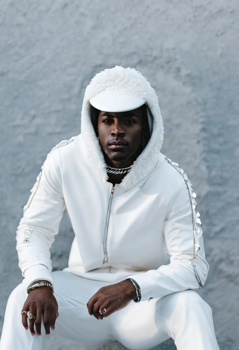 black man in a white wolf outfit