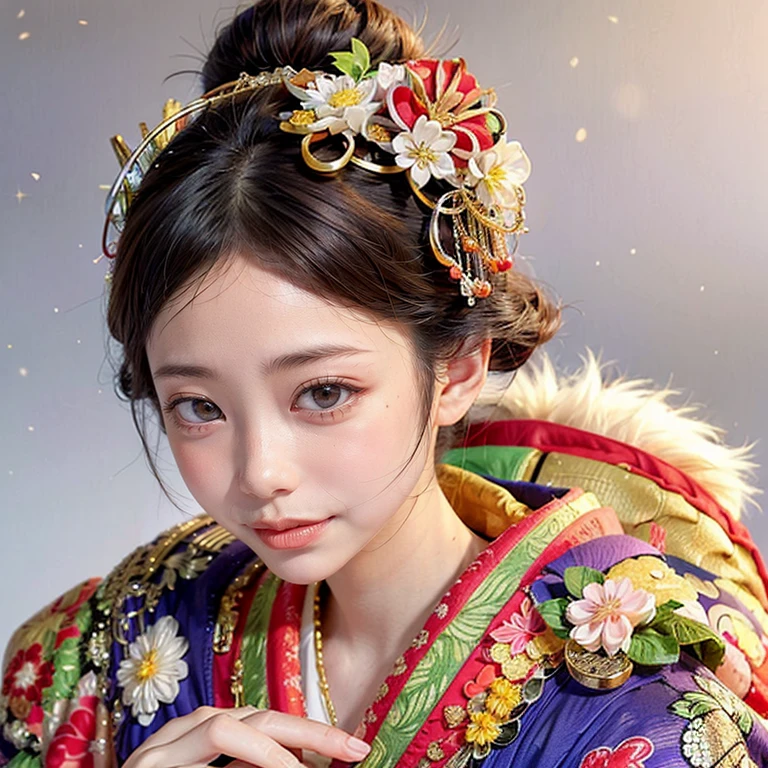 (PUNIPUNI clavicle KIMONO offshoulder KANZASHI flower Hairpin Twin Topknot Bun Oiran-Hair)High-level, 8K Masterpiece TopQuality, Ultra-detailed CG, Absurd detailed wallpaper, PerfectLighting, Extremely detailed (((Personifying " OIRAN " as a KAWAII Girl))), Characteristic Items, aesthetic LifeLike Rendering, MysticSight, Haze Tyndall Scattering, (Studio GRAY Background with (Oodles Dazzling Iridescent Particles (BokeH))), (((Assfocus)) RoundlyButt) ThighGap, (Exposed:0.44) 🔞 BREAK (Acutance:0.8), (NOGIZAKA FaceVariations) Extremely Detailed very KAWAII FaceVariations, Childish CaptivatingGaze ElaboratePupils Detailed Eyes with (SparklingHighlights:1.28), (Voluminous LongEyelashes:0.88)、Glossy RedLips with beautiful details, CoquettishTongue, PUNIPUNI RosyCheeks, Radiant PearlSkin with Transparency, Glowing DowneyHair . { (Dynamic LifeLike expressions:1.4) | (:d) }, (large eyes:-1) .