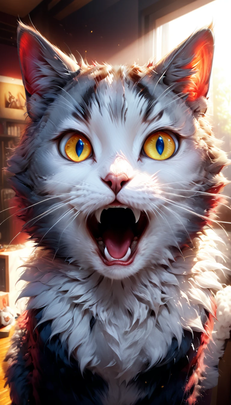 a shocked cat, realistic, photorealistic, photo-realistic:1.37, best quality, 4k, 8k, highres, masterpiece:1.2, ultra-detailed, extremely detailed eyes and face, beautiful detailed eyes, beautiful detailed lips, longeyelashes, detailed fur, expressive facial features, striking pose, dramatic lighting, dynamic composition, vibrant colors, cinematic atmosphere