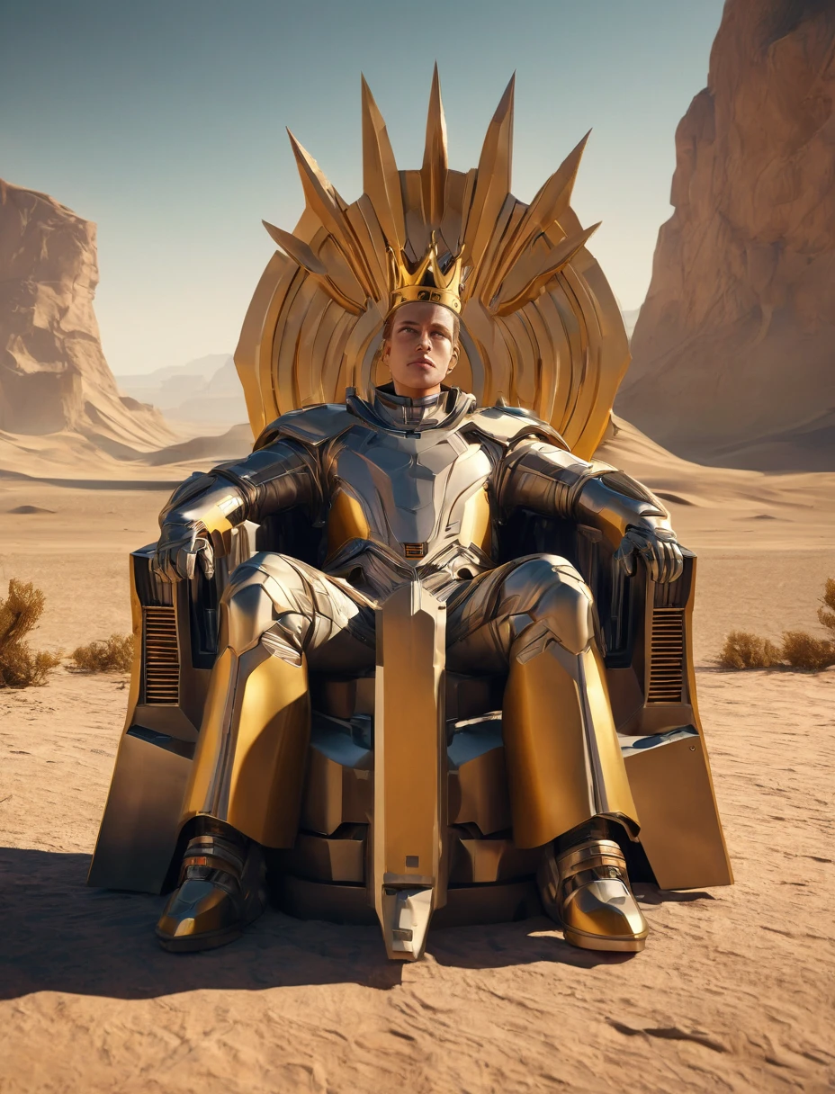 a fry emperor wearing a golden crown, sitting on a futuristic throne in a desert landscape, looking lazy and happy, (best quality,4k,8k,highres,masterpiece:1.2),ultra-detailed,(realistic,photorealistic,photo-realistic:1.37),intricate details,highly detailed face, detailed eyes, detailed lips, octane render, cinematic lighting, vibrant colors, muted tones, dramatic shadows, futurism, retro-futuristic, surreal,science fiction