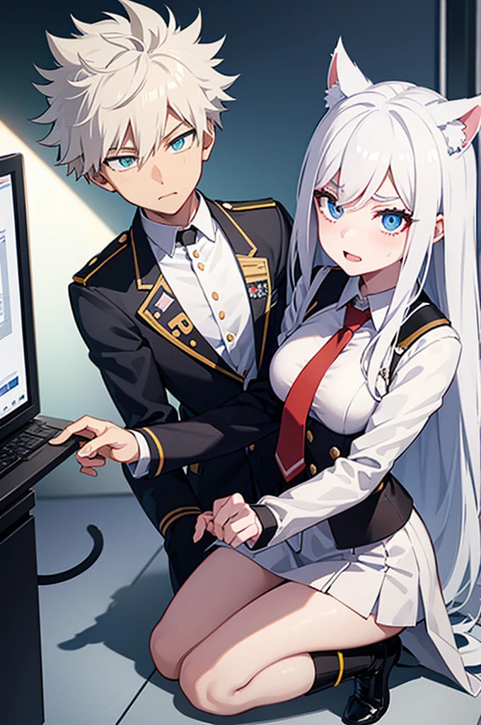 Boku No Hero Academia OC.young woman,White skin color,long tousled white hair with cat ears,bright blue eyes,long white eyelashes,beautiful and attractive,he would be,He wears a uniform with a red tie and a gray jacket with a green classroom background.,bakugou in love,it's with bakugou.