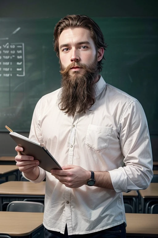 Create a photo of a white man, with a beard standing next to a blackboard in a classroom